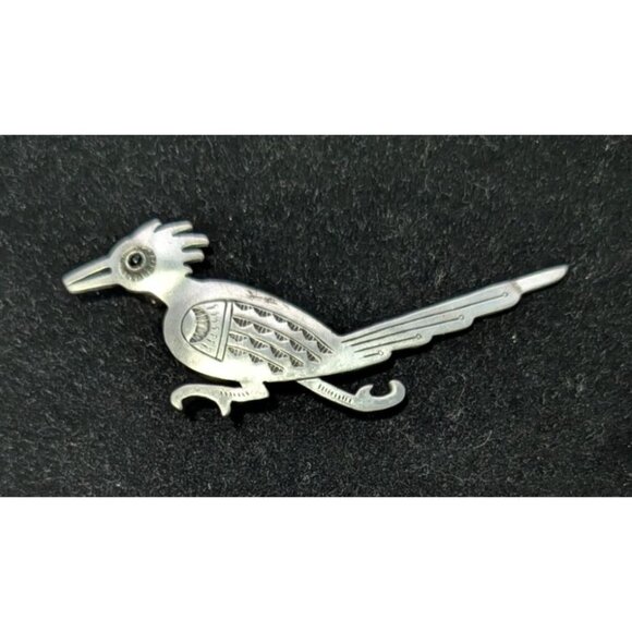 Vintage JJ Native American Roadrunner Brooch Pin Sterling Silver Gemstone Eye - Picture 10 of 13